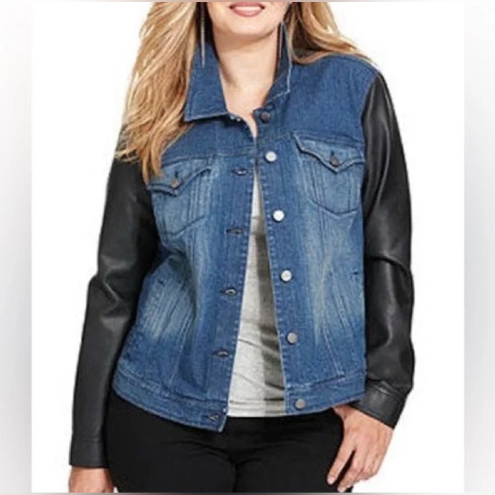 Women's Denim and Faux Leather Black Jacket